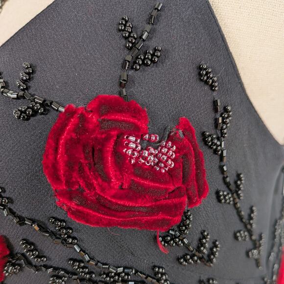 Vintage Sue Wong Maxi Dress Gown 6 Black Red Y2K Fairy Goth Silk Floral Velvet - Picture 10 of 16